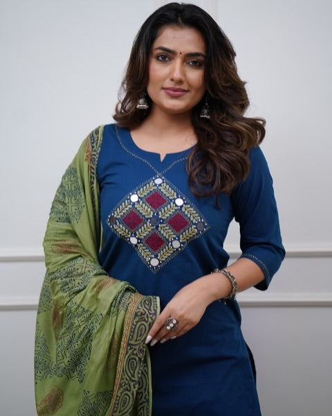 Bagrubazzar Premium Women's Cotton Embroidered Kurta Pant Set with Dupatta