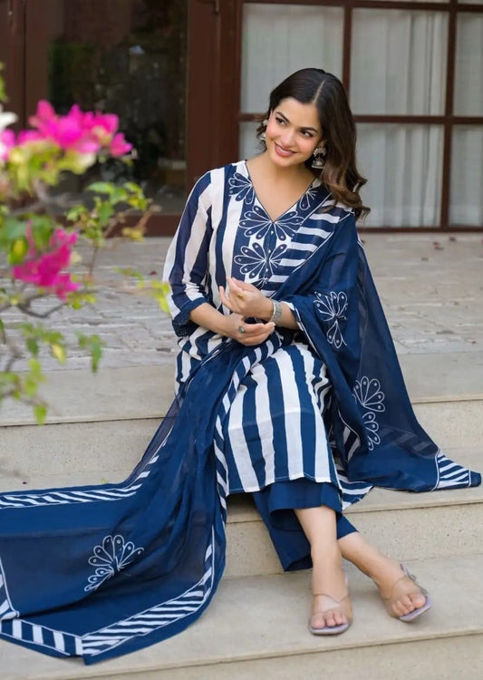 Bagrubazzar Designer Cotton Kurta Pant Dupatta Set for Women