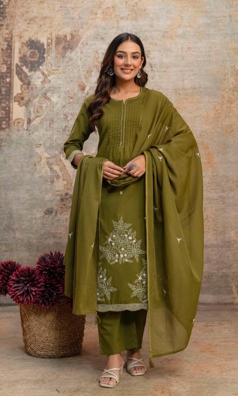 Bagrubazzar Premium Fine Cotton Kurti Pant Set with Embroidery Work & Cotton Dupatta