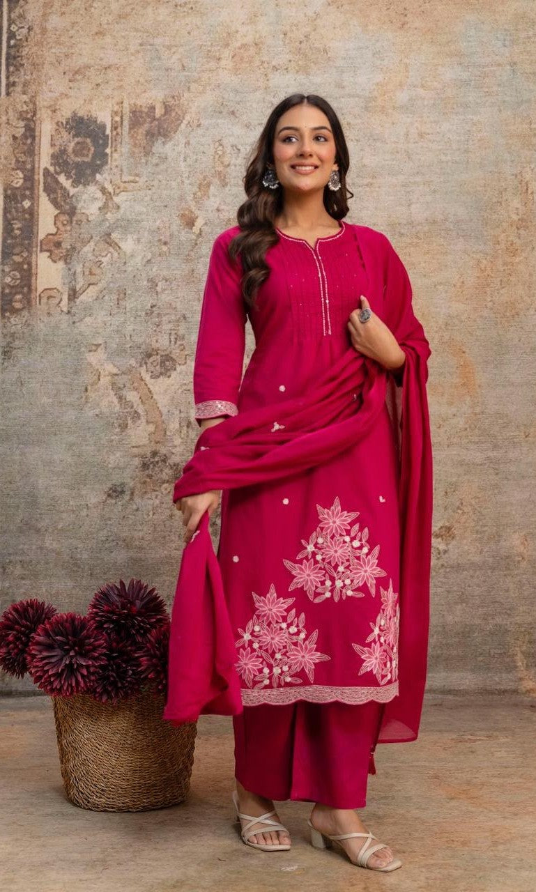 Bagrubazzar Premium Fine Cotton Kurti Pant Set with Embroidery Work & Cotton Dupatta