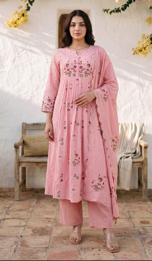 Bagrubazzar Women's Pure Cotton Embroidered Kurti Pant Dupatta Set | 3 Piece Ethnic Suit