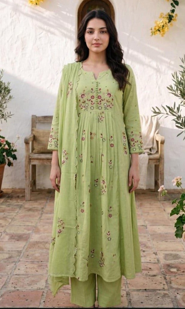 Bagrubazzar Women's Pure Cotton Embroidered Kurti Pant Dupatta Set | 3 Piece Ethnic Suit