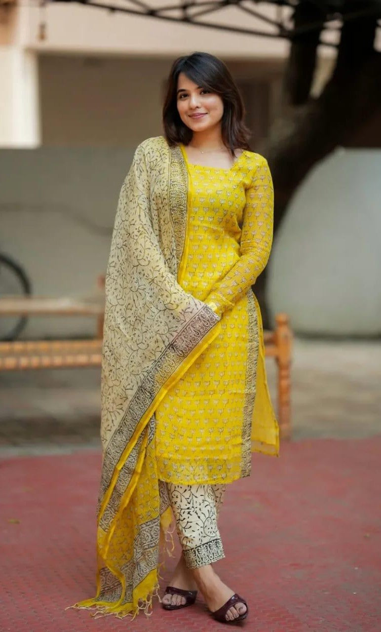 BagruBazzar Premium Kota Doriya Kurti Pant Dupatta Set for Women | Elegant Lightweight Ethnic Suit