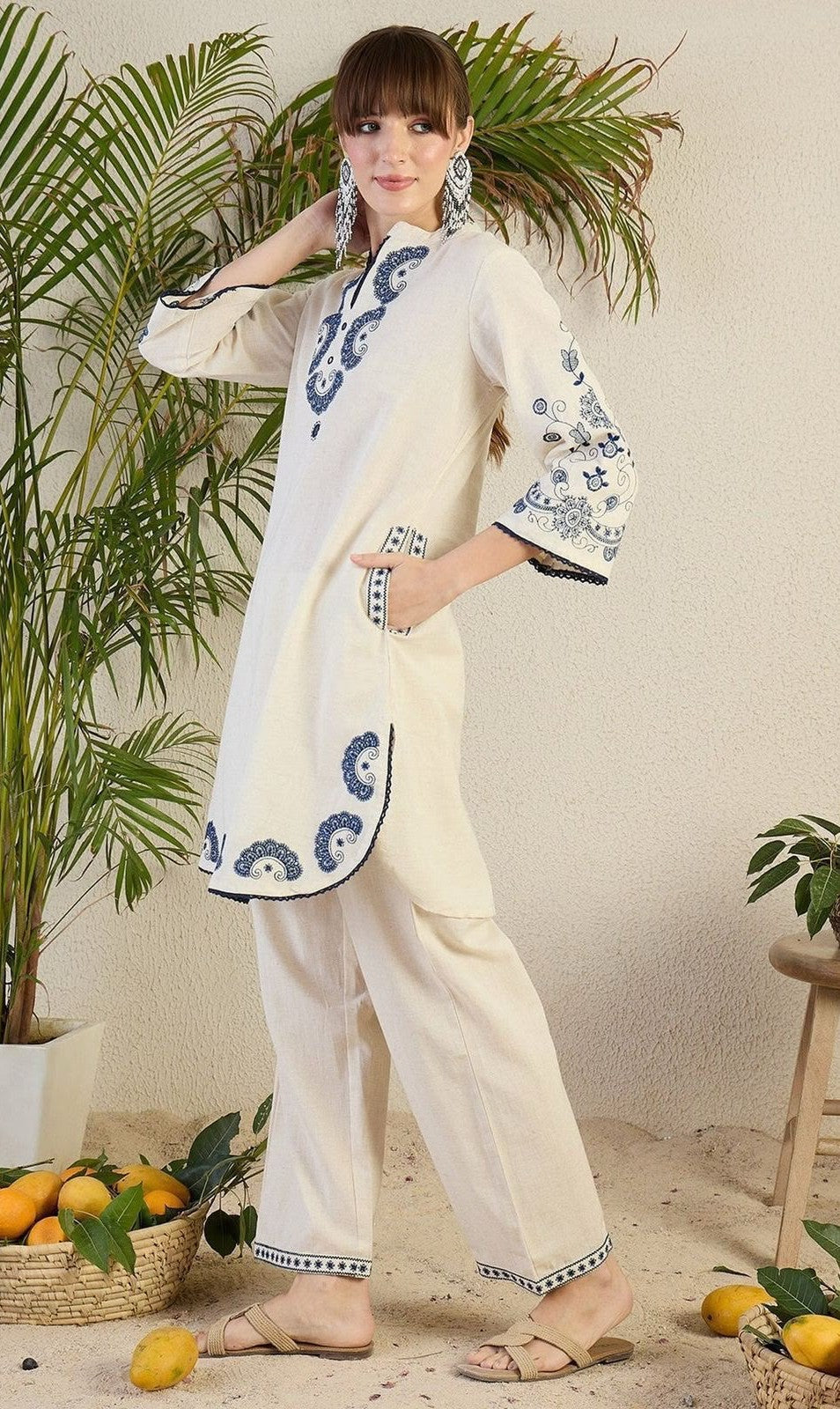 Bagrubazzar Women's Cotton Embroidered Kurta Set with Side Pockets | Elegant Ethnic Wear