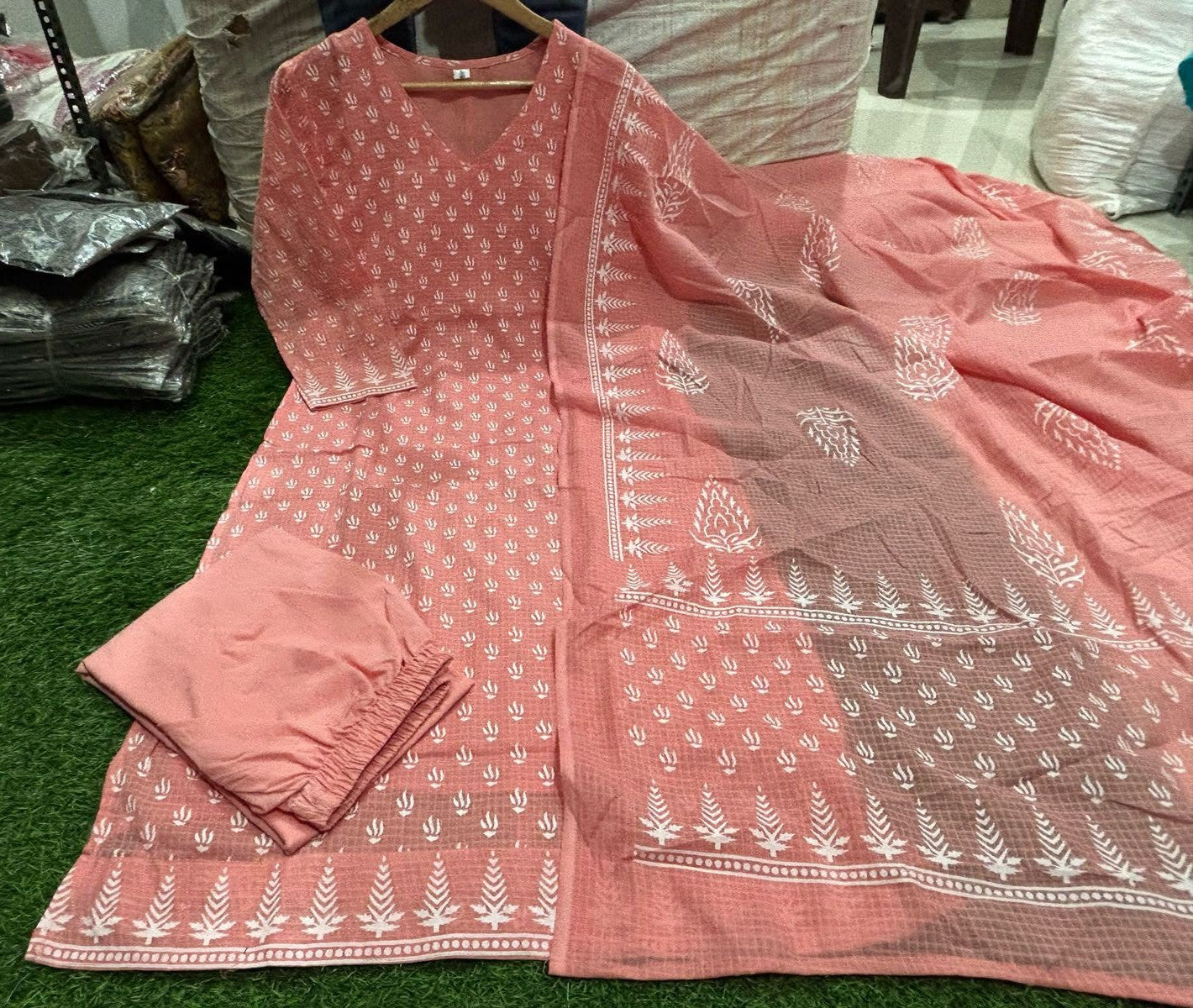 Bagrubazzar Premium Pure Kota Doria Hand Block Print Suit Set for Women