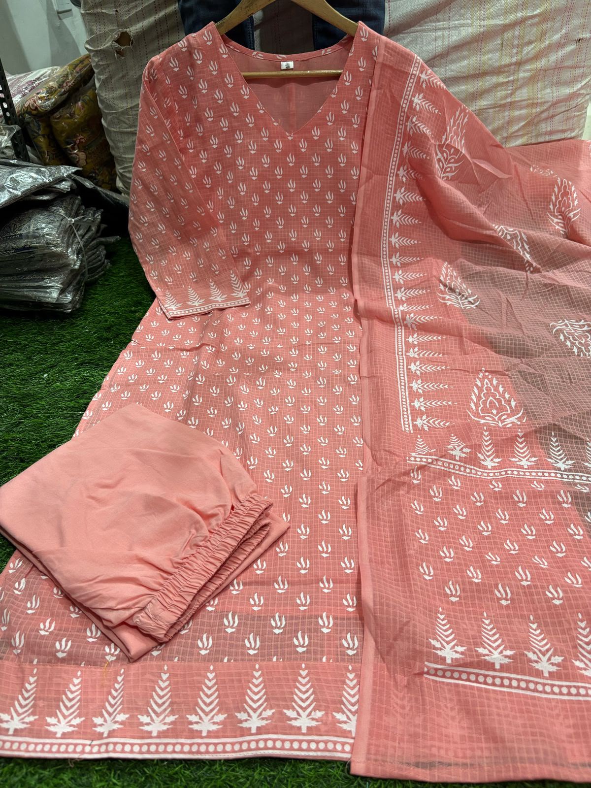 Bagrubazzar Premium Pure Kota Doria Hand Block Print Suit Set for Women