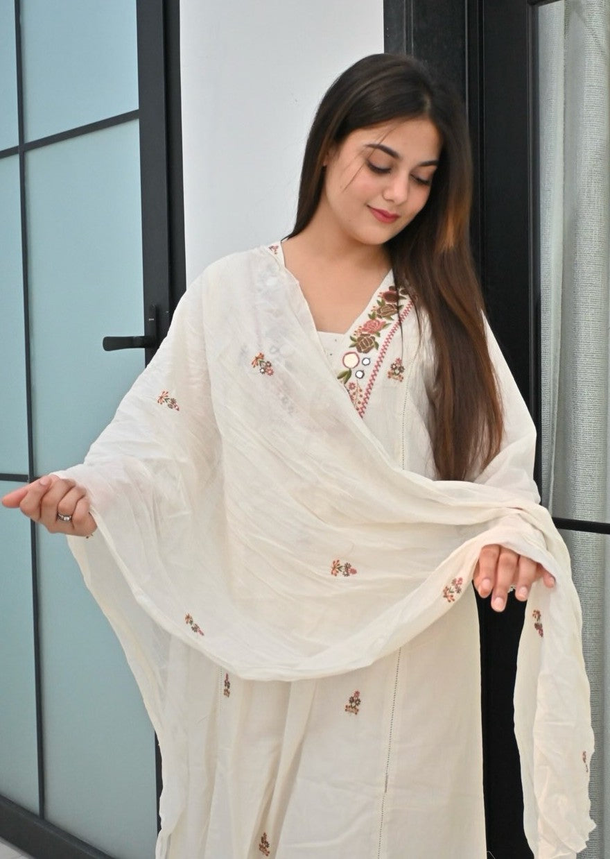 Bagrubazzar Embroidered Cotton A-Line Kurta Suit Set with Heavy Malmal Dupatta