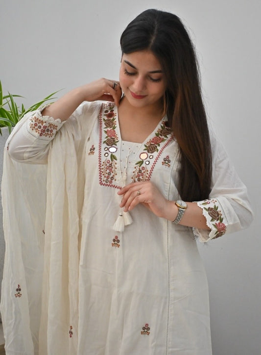 Bagrubazzar Embroidered Cotton A-Line Kurta Suit Set with Heavy Malmal Dupatta