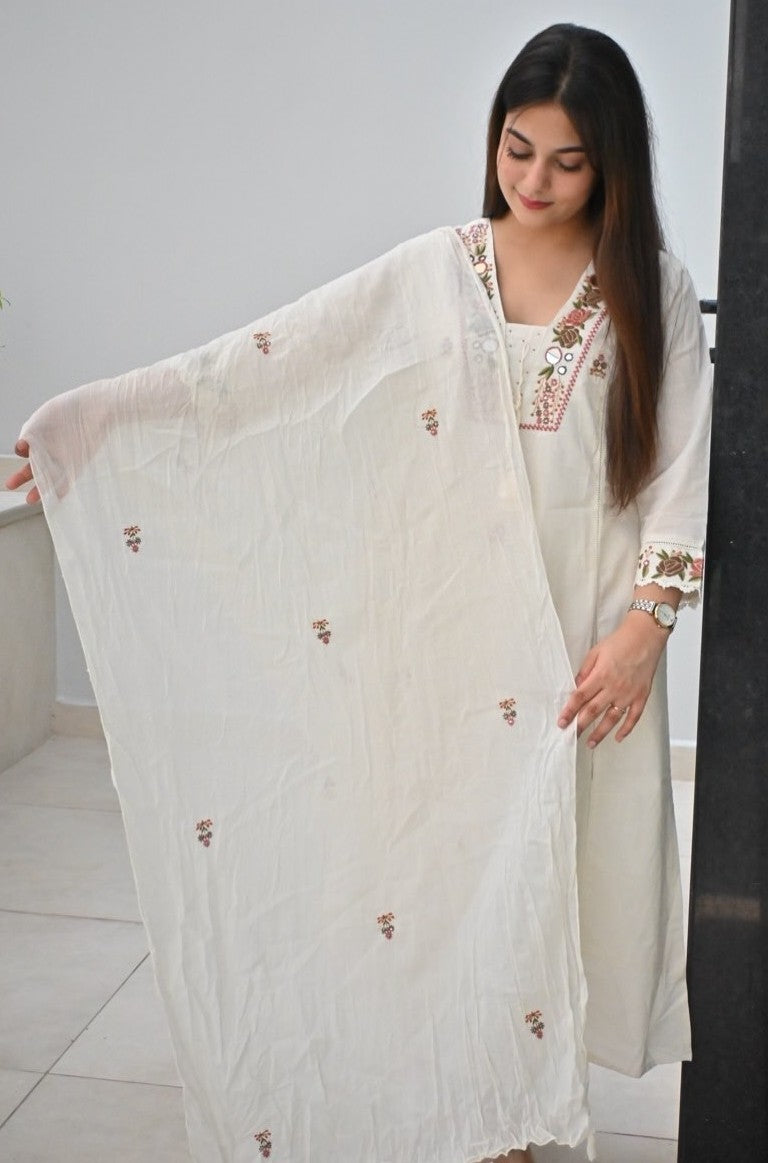 Bagrubazzar Embroidered Cotton A-Line Kurta Suit Set with Heavy Malmal Dupatta