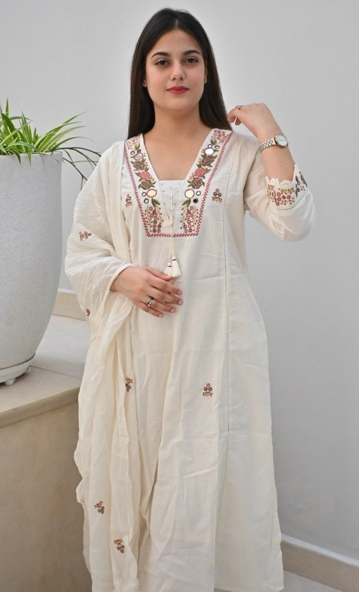 Bagrubazzar Embroidered Cotton A-Line Kurta Suit Set with Heavy Malmal Dupatta