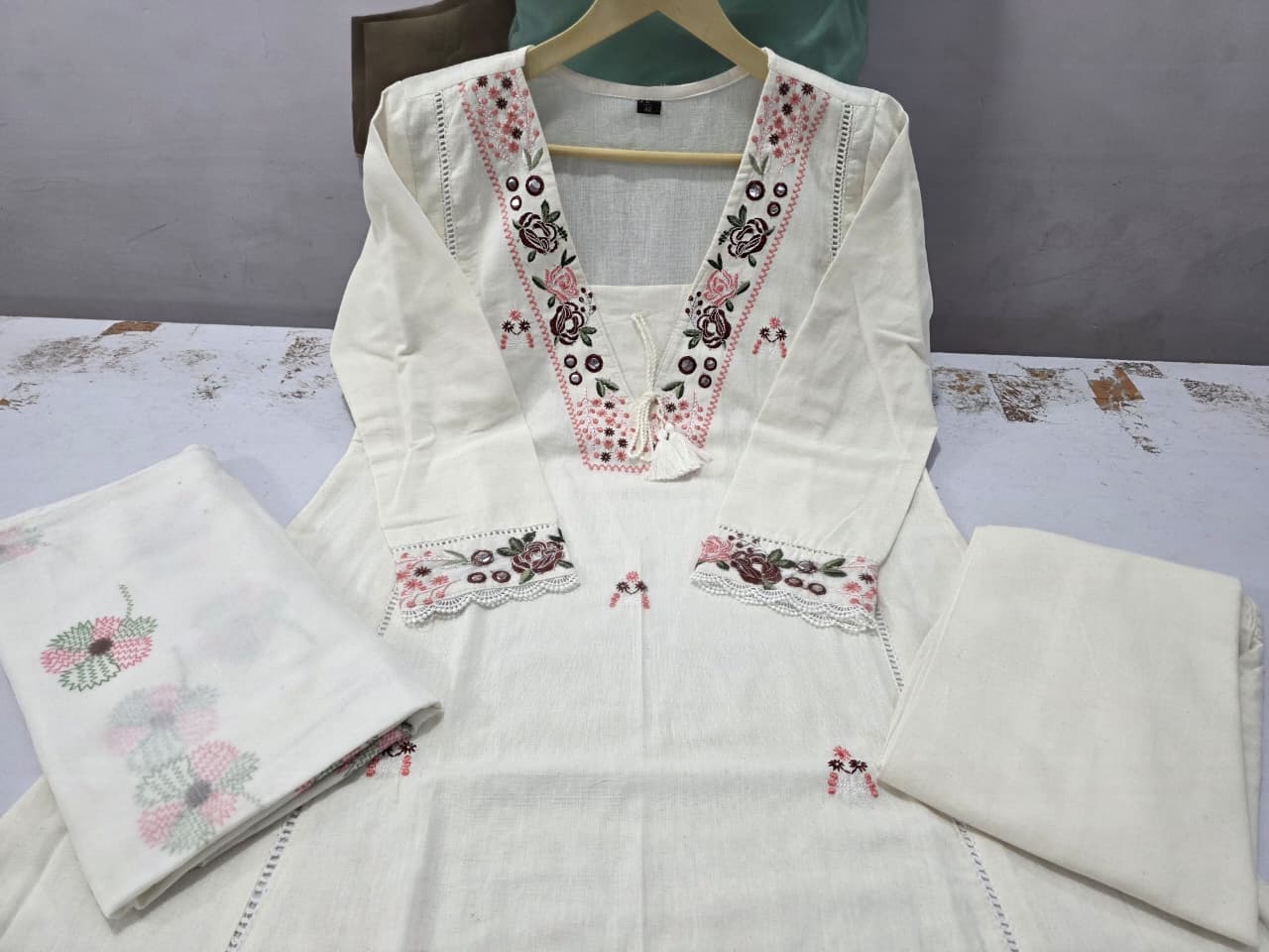 Bagrubazzar Embroidered Cotton A-Line Kurta Suit Set with Heavy Malmal Dupatta