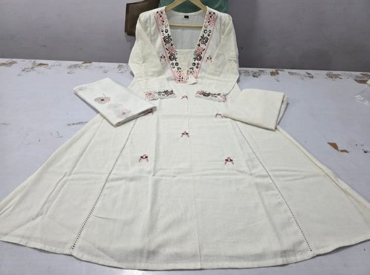 Bagrubazzar Embroidered Cotton A-Line Kurta Suit Set with Heavy Malmal Dupatta