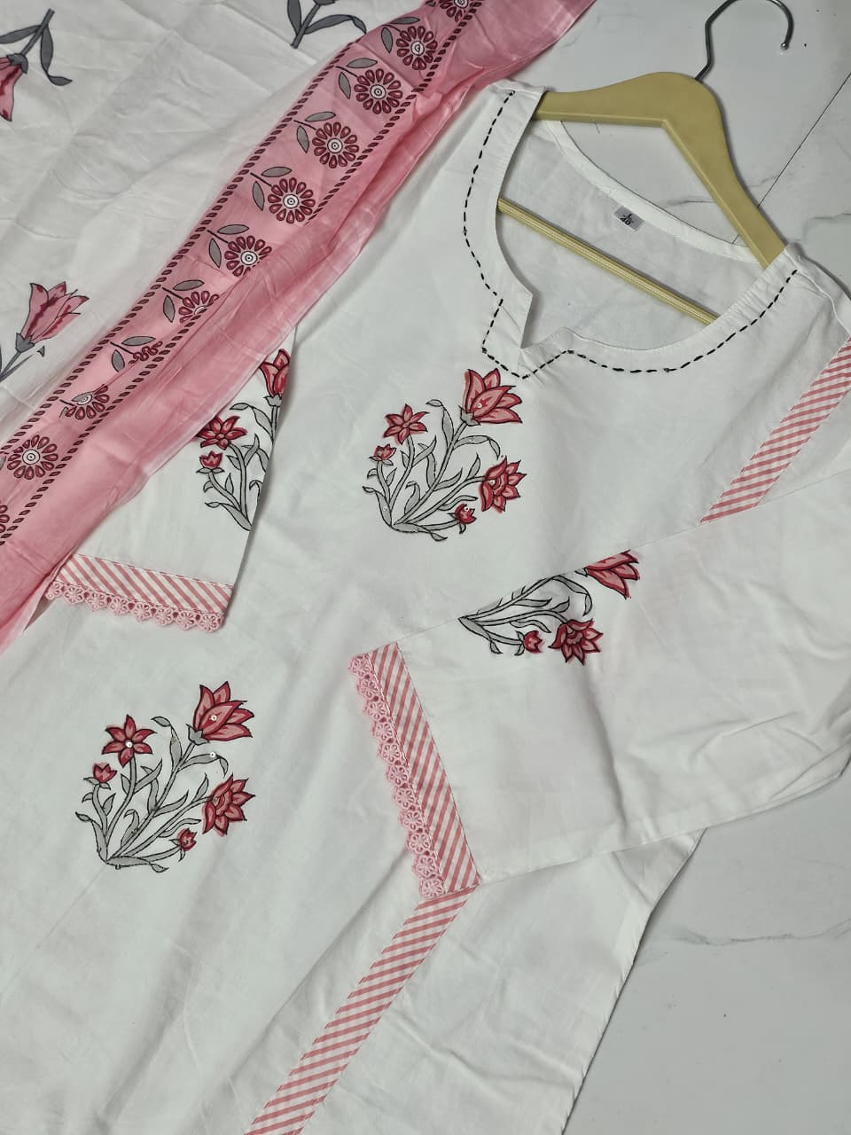 Bagrubazzar Pure Cotton Anarkali Suit Set | Hand Block Buti Print with Pant & Dupatta