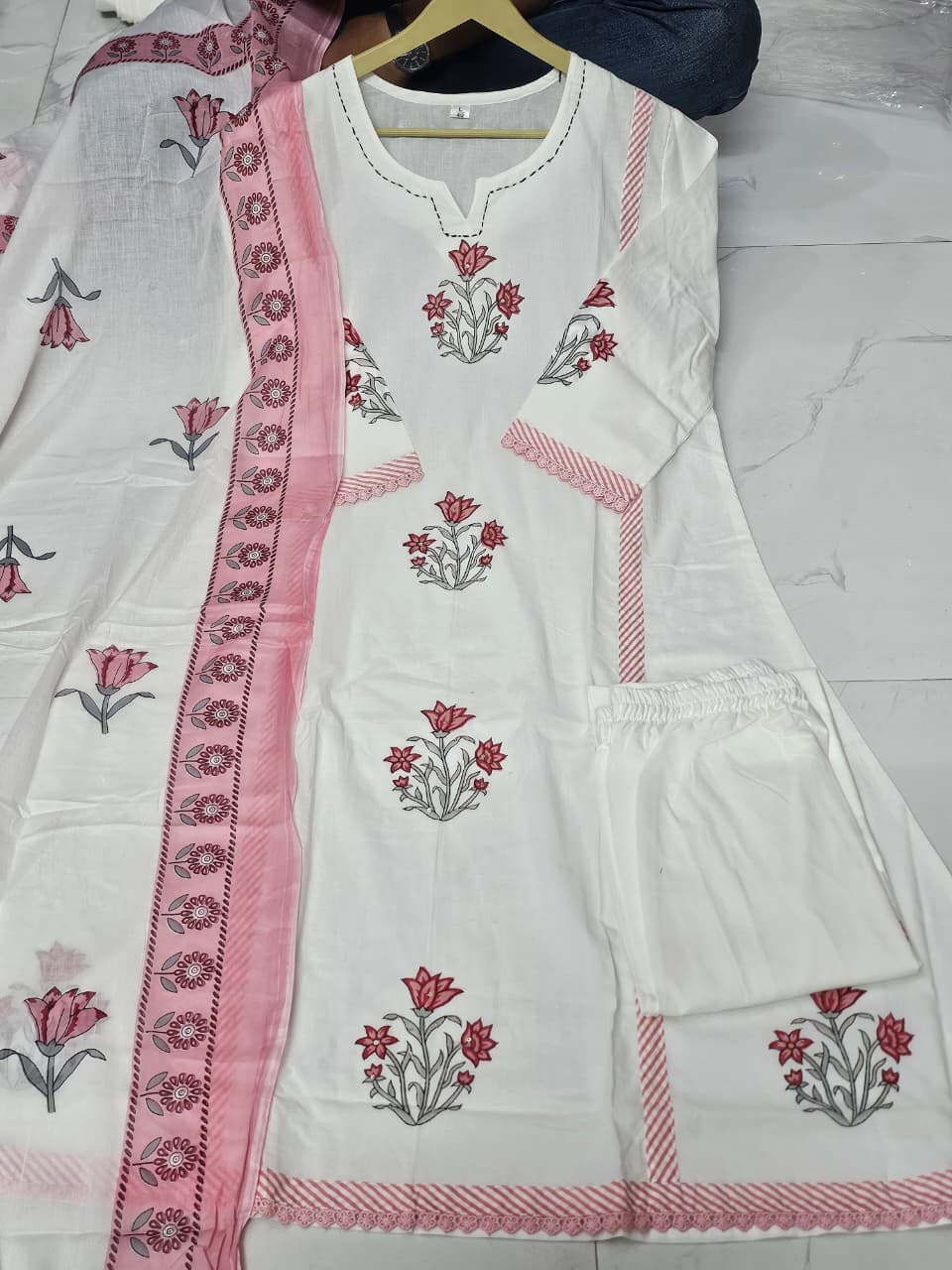 Bagrubazzar Pure Cotton Anarkali Suit Set | Hand Block Buti Print with Pant & Dupatta