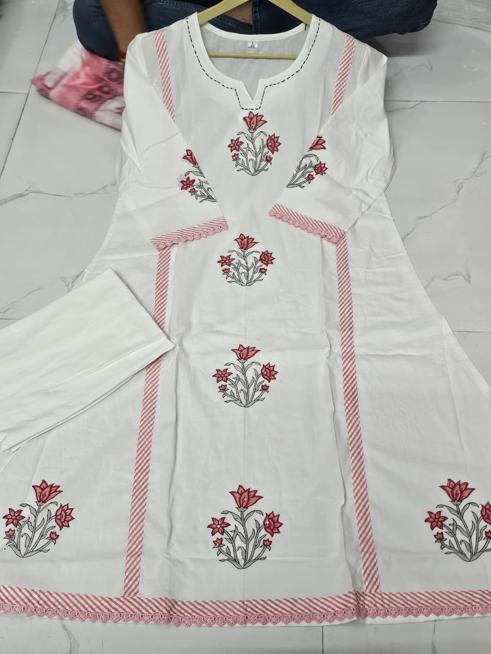Bagrubazzar Pure Cotton Anarkali Suit Set | Hand Block Buti Print with Pant & Dupatta