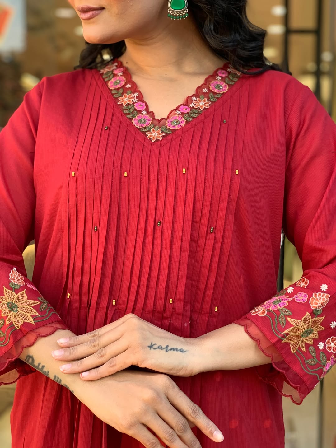 Bagrubazzar 3 Piece Pure Cotton Kurta Pant Dupatta Set with Embroidery & Hand Moti Work