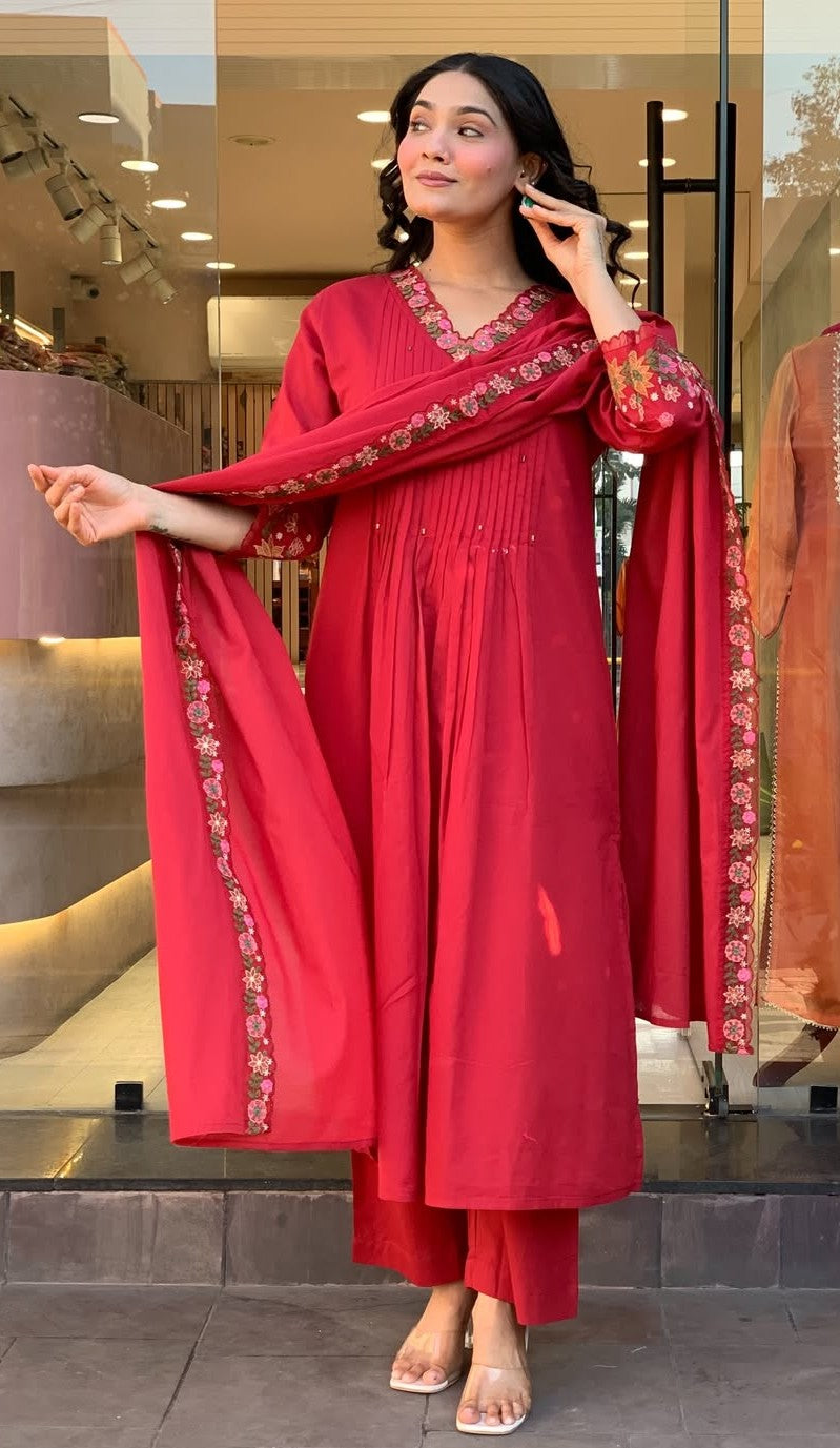 Bagrubazzar 3 Piece Pure Cotton Kurta Pant Dupatta Set with Embroidery & Hand Moti Work
