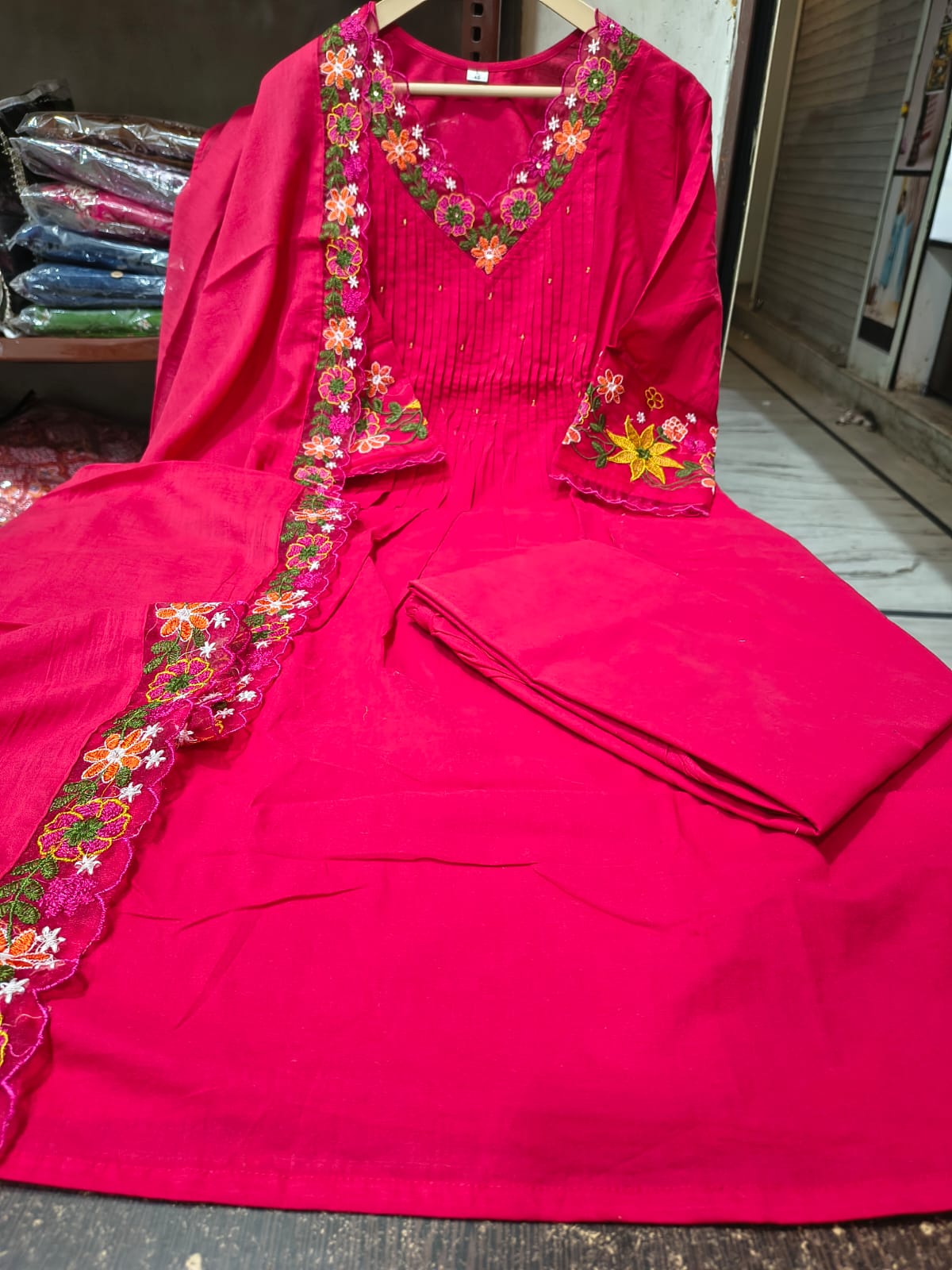 Bagrubazzar 3 Piece Pure Cotton Kurta Pant Dupatta Set with Embroidery & Hand Moti Work