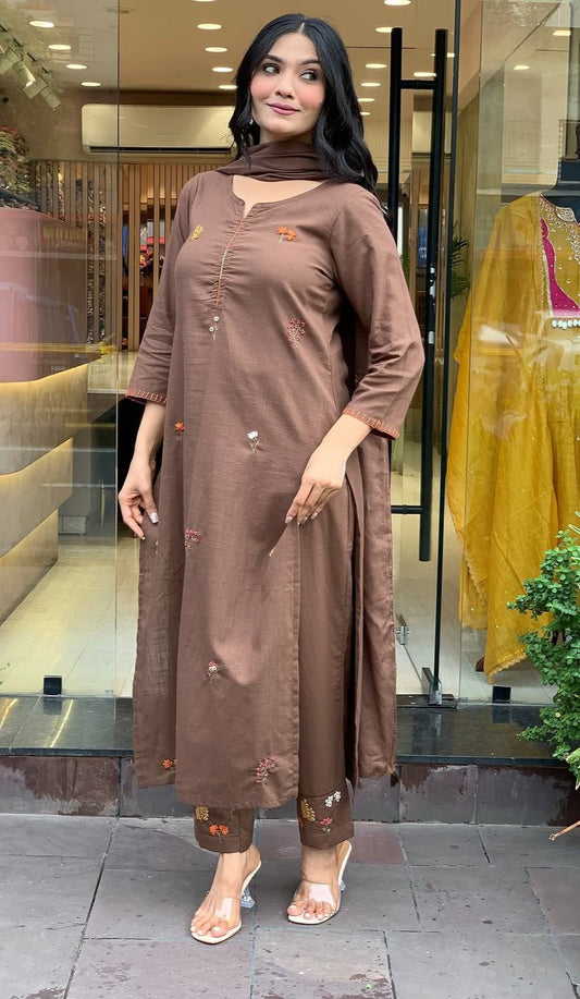 Bagrubazzar Rust Cotton Slub Straight Suit Set with Mulmul Dupatta | Women’s Kurta Pant Set