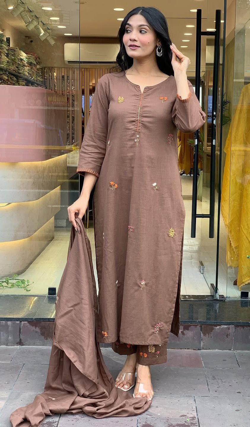 Bagrubazzar Rust Cotton Slub Straight Suit Set with Mulmul Dupatta | Women’s Kurta Pant Set