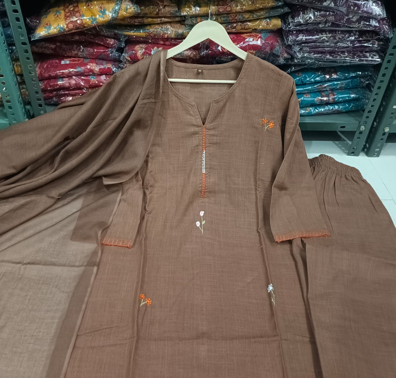 Bagrubazzar Rust Cotton Slub Straight Suit Set with Mulmul Dupatta | Women’s Kurta Pant Set