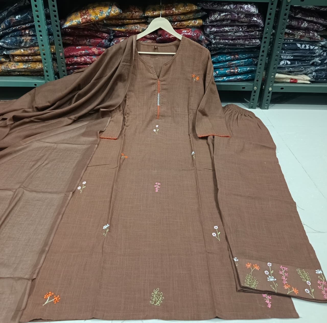 Bagrubazzar Rust Cotton Slub Straight Suit Set with Mulmul Dupatta | Women’s Kurta Pant Set