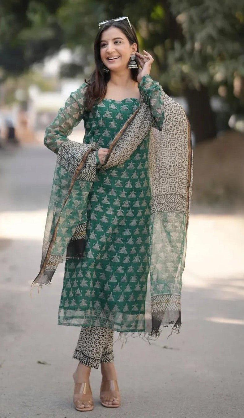 Bagrubazzar Premium Kotadoria Kurti, Pant & Dupatta Suit Set for Women