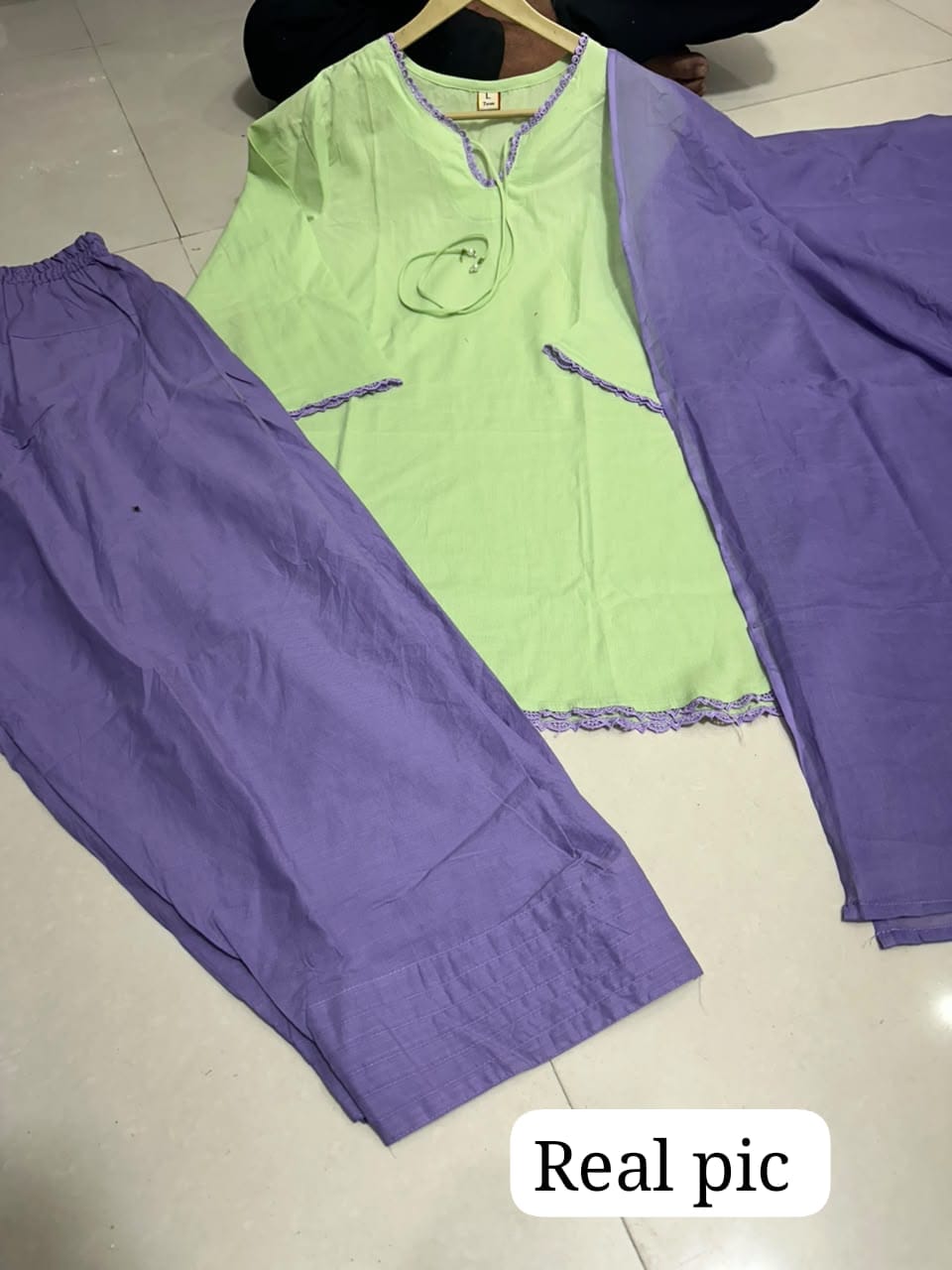 Bagrubazzar Pistachio Green Cotton Kurti Set with Lavender Salwar & Dupatta