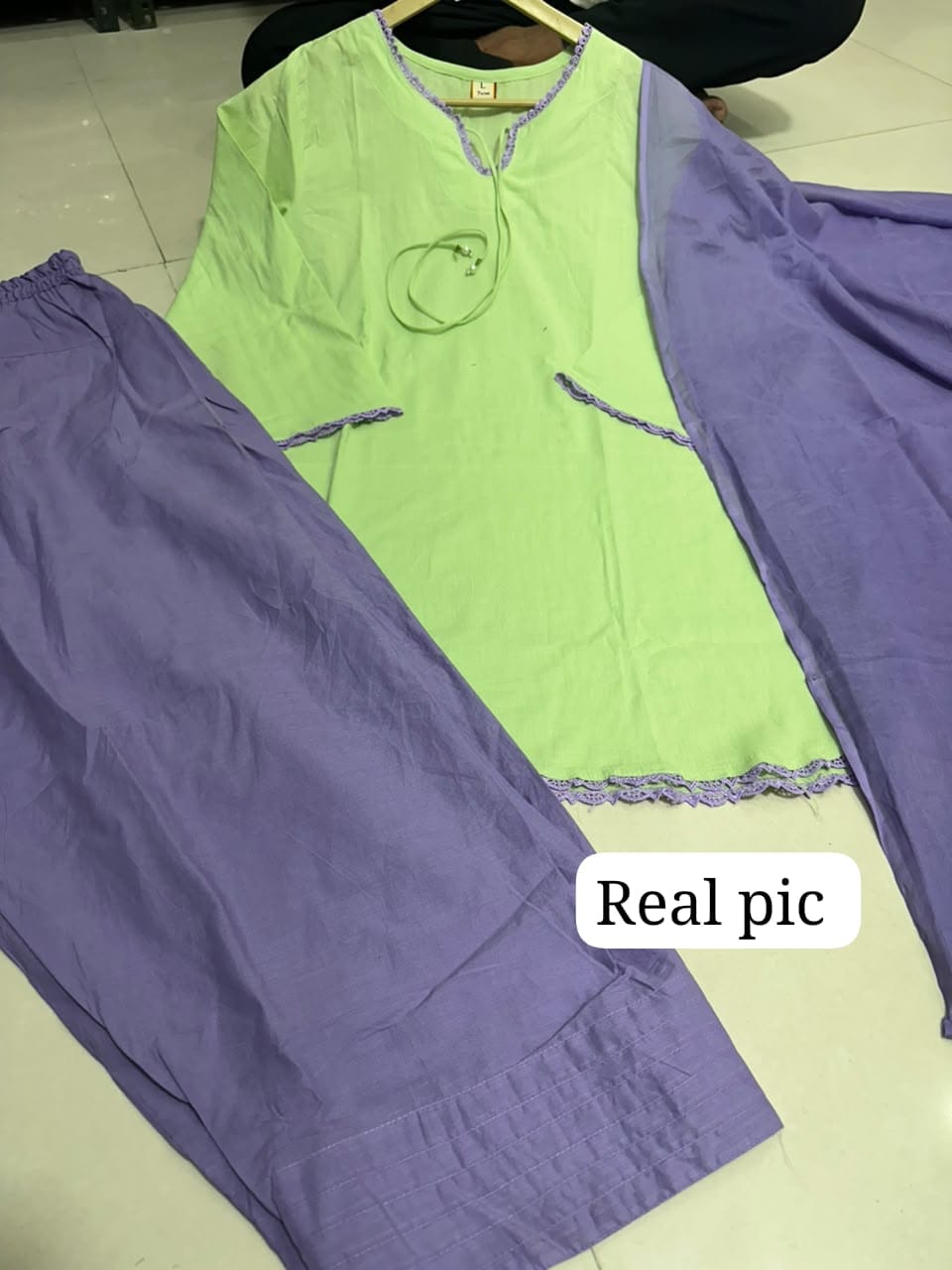 Bagrubazzar Pistachio Green Cotton Kurti Set with Lavender Salwar & Dupatta