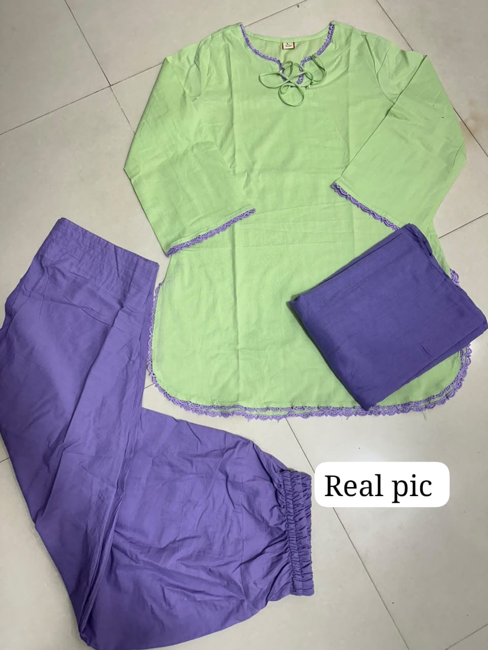 Bagrubazzar Pistachio Green Cotton Kurti Set with Lavender Salwar & Dupatta