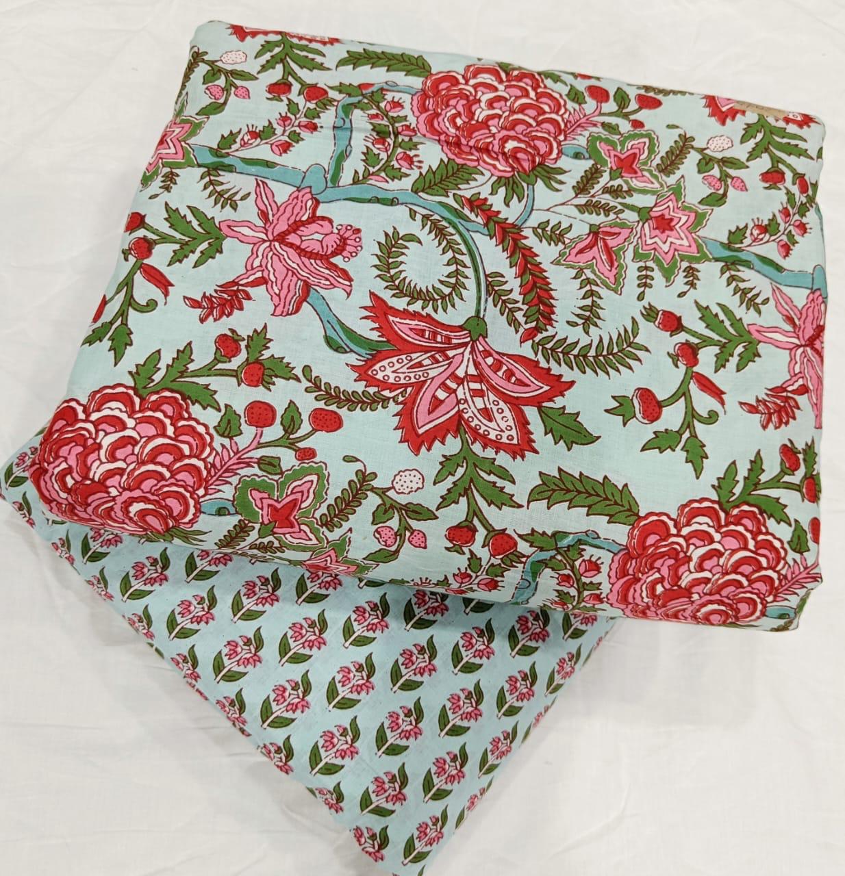 Ethnic Hanblock Jaipur Print Cotton Top And Bottom Suit Material - Bagrubazzar