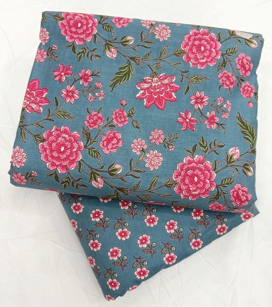 Handcrafted Hanblock Print Cotton Unstitched Top Bottom Set by Bagrubazzar