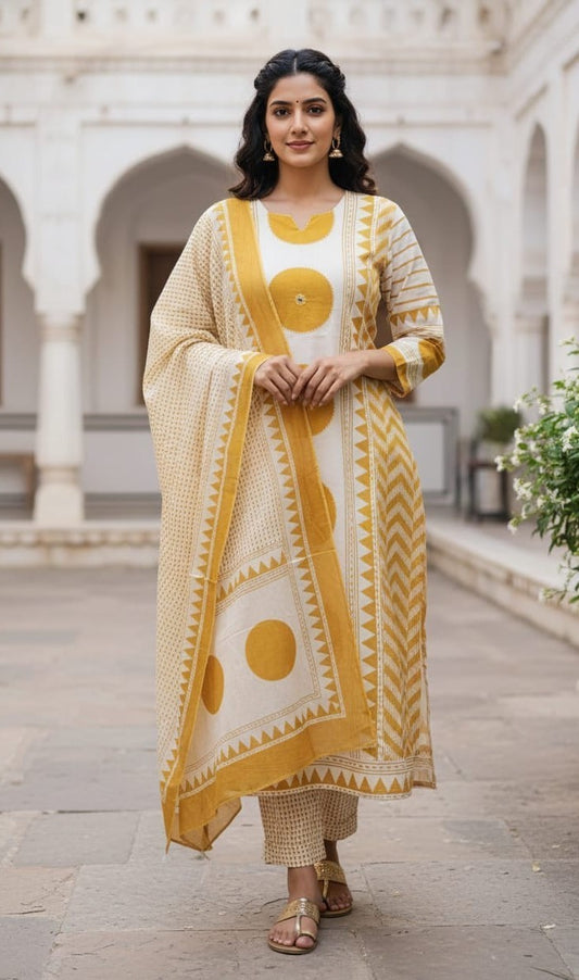 Bagrubazzar Handblock Printed Pure Cotton Kurta with Pants & Dupatta (BBKF36)