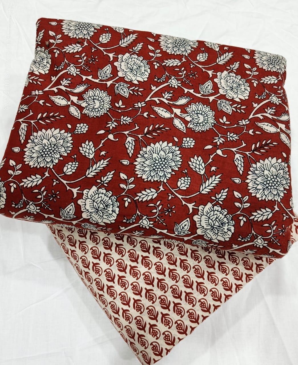 Pure Cotton Hanblock Jaipur Print Unstitched Top Bottom Set