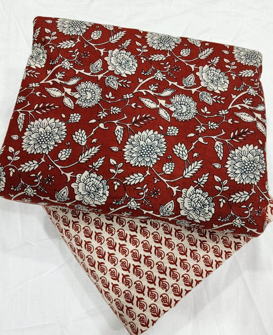 Pure Cotton Hanblock Jaipur Print Unstitched Top Bottom Set